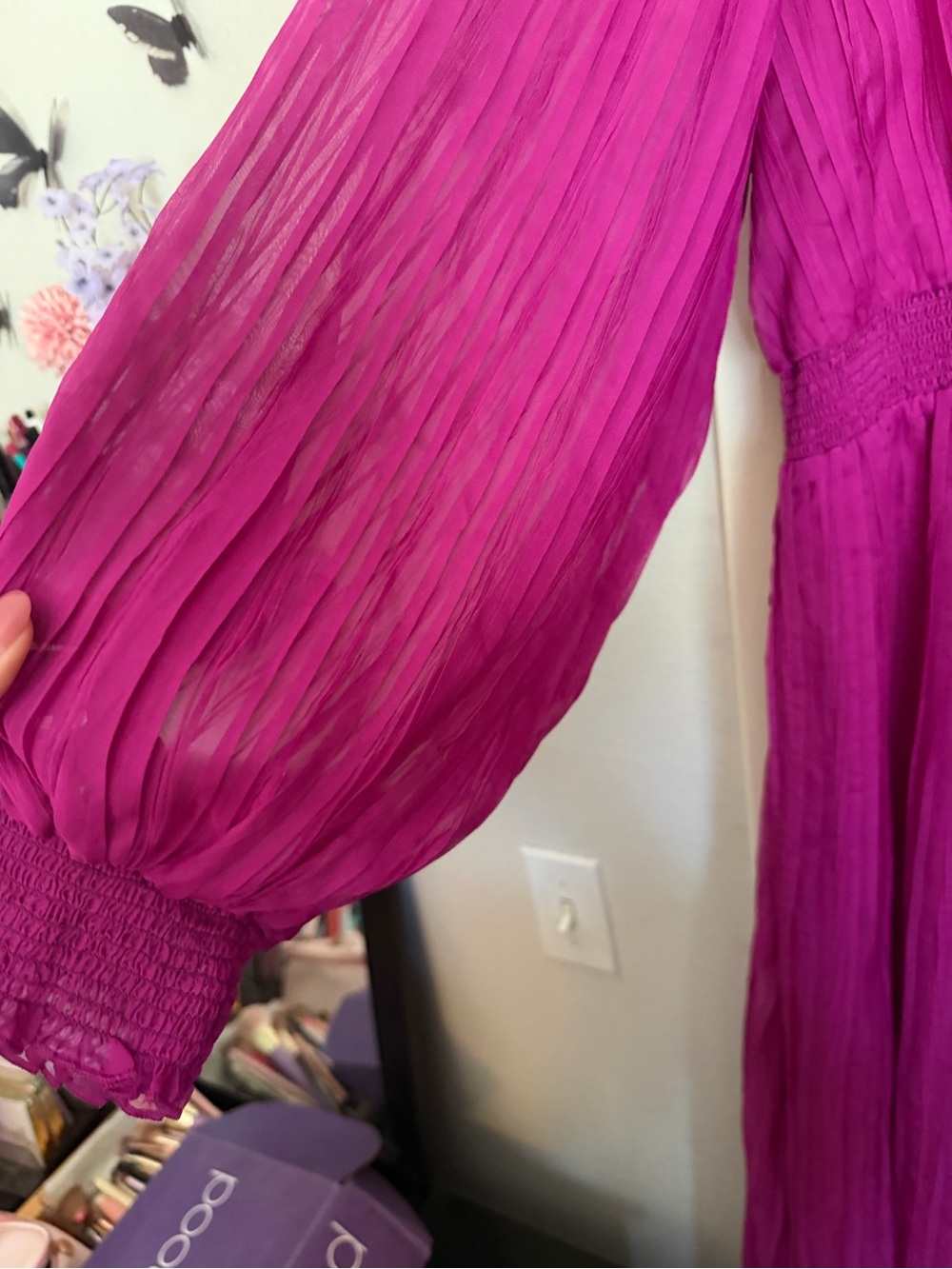 Eloquii Bold Fuchsia Long Sleeve Ruffled V-Neck Midi Dress - Picture 5 of 7